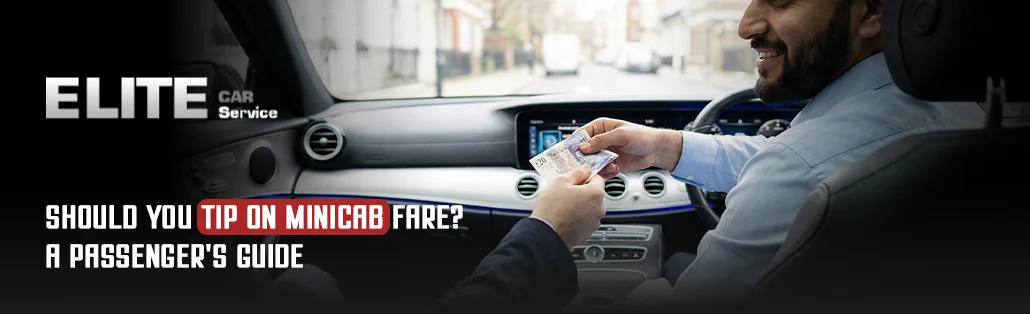 Passenger paying minicab fare in a private hire car, illustrating UK tipping etiquette for Elite Car Service.